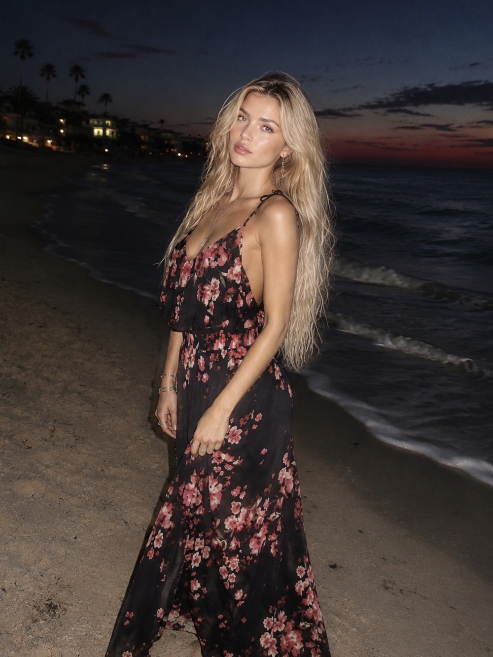 Women’s Floral Maxi Essential Stylish Detailed Slip Dress- Black/Pink